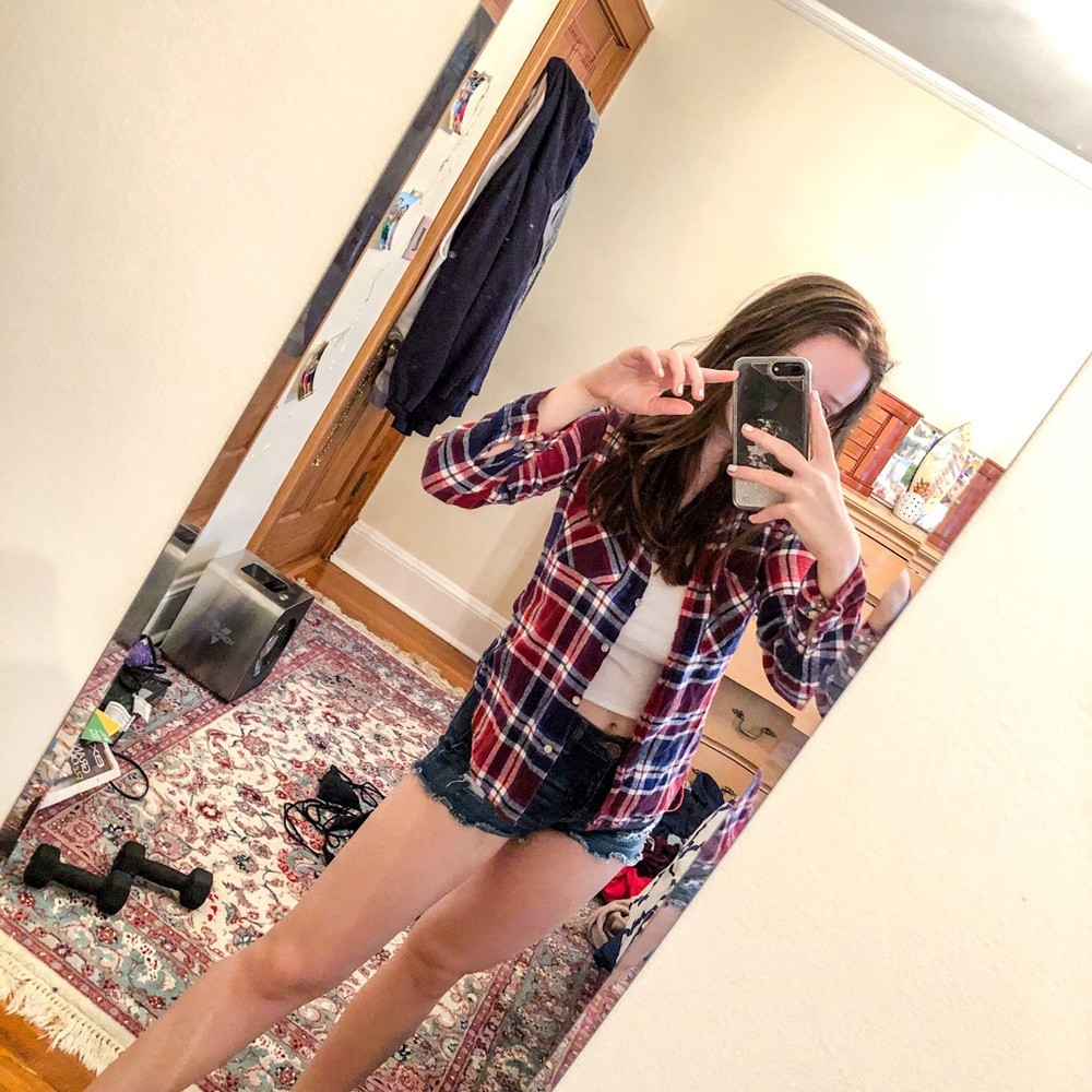 Red blue white button up flannel